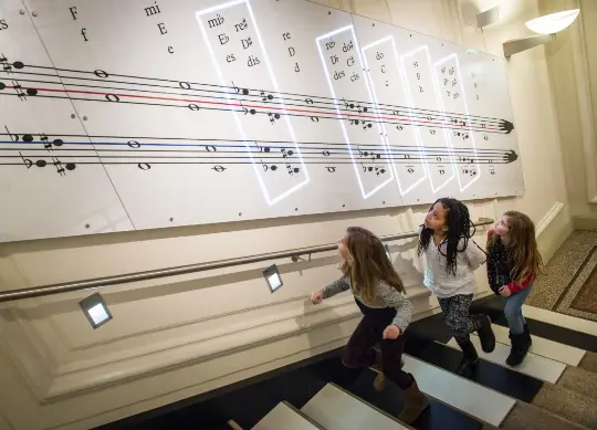 Auf Klassenfahrt mit HEROL&Eacute;: Kinder auf der Klaviertreppe im Haus der Musik in Wien