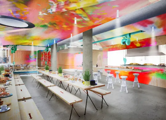 Auf Klassenfahrt mit HEROL&Eacute;: Der geplante Fr&uuml;hst&uuml;cksbereich im Mehrbettzimmer im JO&JOE Hostel in Paris-Gentilly.