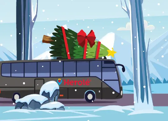 herole.de HEROLÉ wünscth frohe Weihnachten und informiert über Schließzeiten. Auf dem Bild ist ein Reisebus auf dem ein Weihnachtsbaum liegt in verschneiter Landschaft.