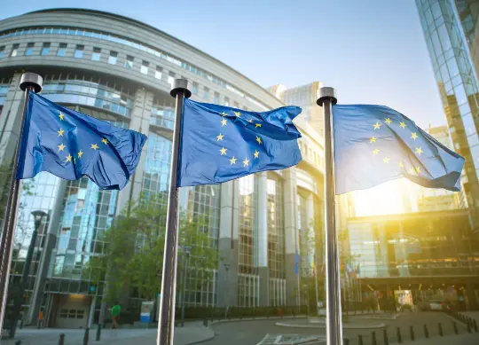 Auf Klassenfahrt mit HEROL&Eacute;: Europafahnen in Br&uuml;ssel.