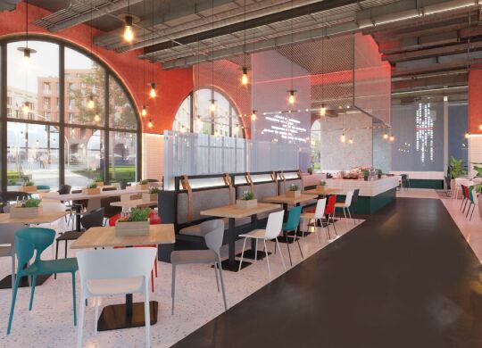 Modellbild - Frühstücksraum im MEININGER Hotel Köln-West Auf Klassenfahrt mit HEROLÉ: Modellbild - Frühstücksraum im MEININGER Hotel Köln-West