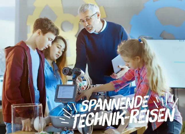 Jugendliche beim Experimentieren mit neuer Technik Auf Klassenfahrt mit HEROLÉ: Fahren Sie mit HEROLÉ- Reisen auf eine Technik- Reise