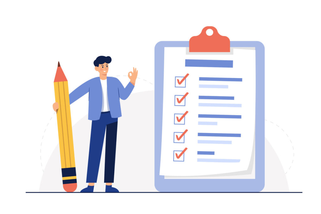 Illustration: Checkliste auf Klemmbrett mit zwei Personen – Aufgabenplanung.