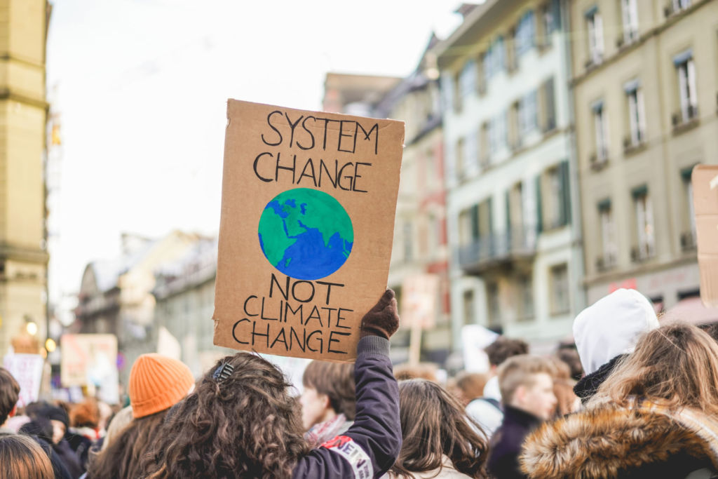 Blick in eine Demonstrantenmenge. Eine Mädchen hält ein Schild in die Höhe auf dem steht "System change - not climate change"