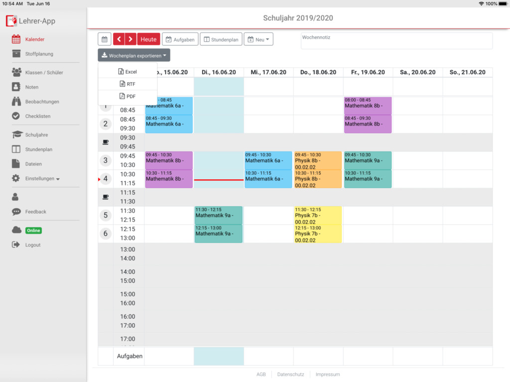 Screenshoot vom Lehrerkalender in der Maiß-Lehrer App.